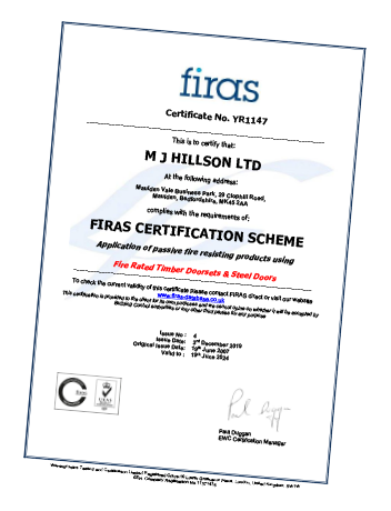 FIRAS fire safety certificate for MJ Hillson